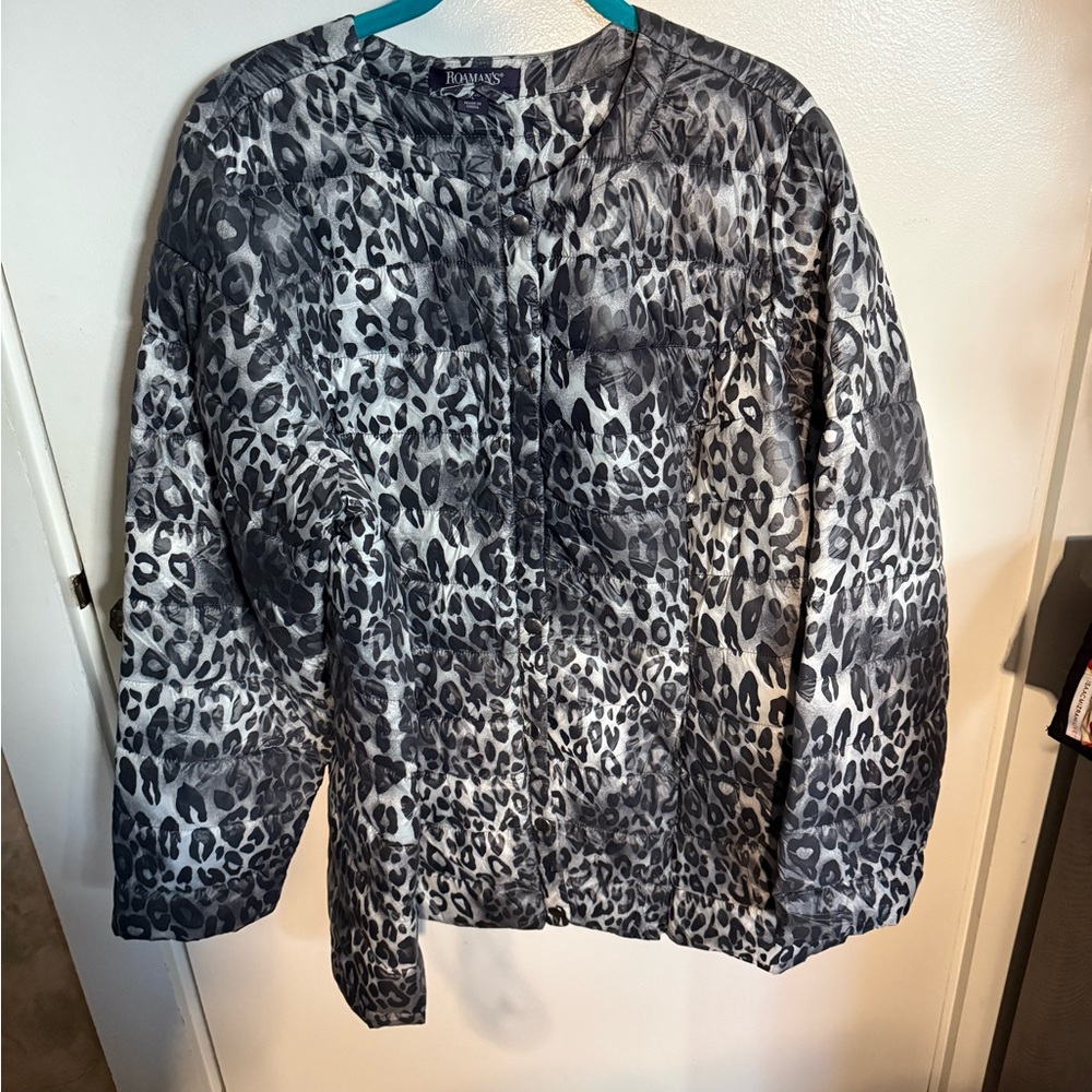 Roaman's Black and Gray Animal Print Lightweight Puffer
